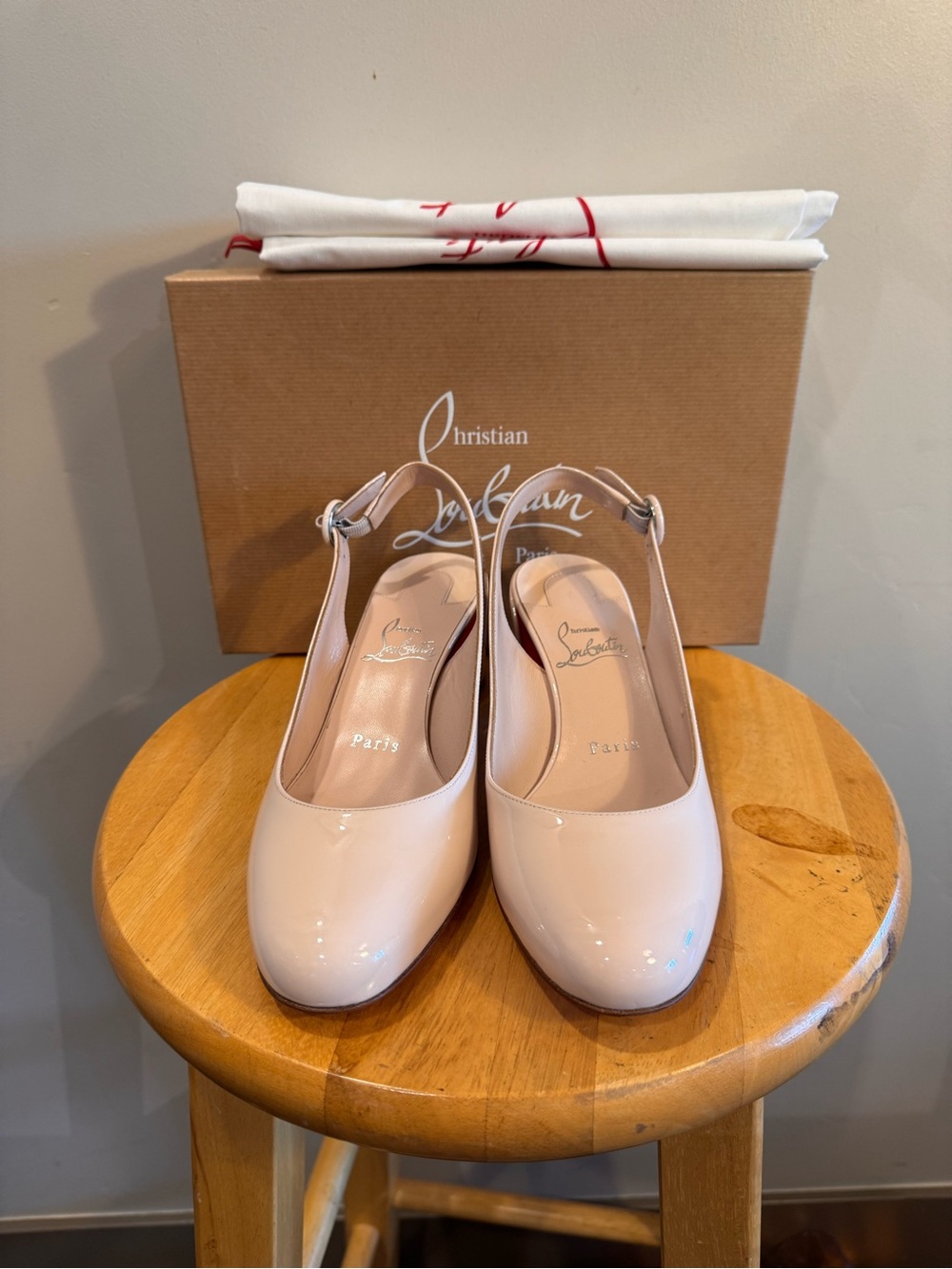 Christian Louboutin So JanePatent Slingback Pumps, 6.5, Leche, NWT